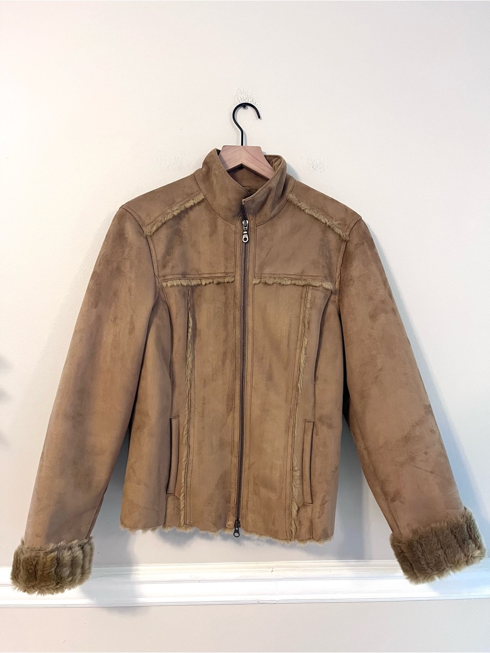 Calvin Klein Women’s Faux Fur Lined Zip-Front Jacket Size XL Camel Western